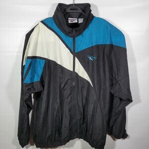 Vintage Reebok Big Logo Black Teal Nylon Hooded Windbreaker Sz L SJ Sharks RARE